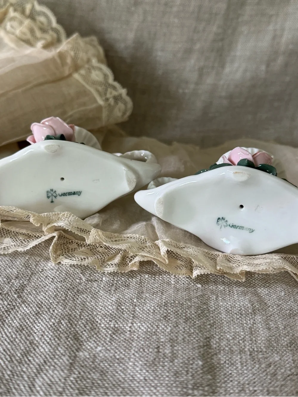 Karl Ens Germany vintage pink roses porcelain candleholders